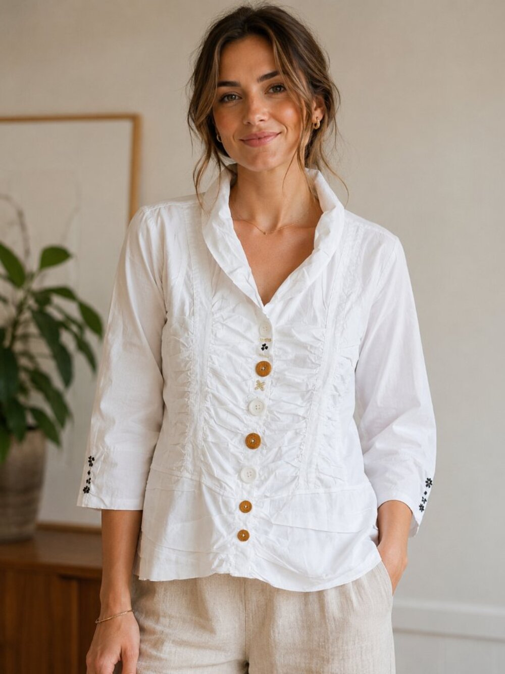 Alison Sheri White Cotton Lightweight Jacket | NWOT | Size L | Ruched Front |
